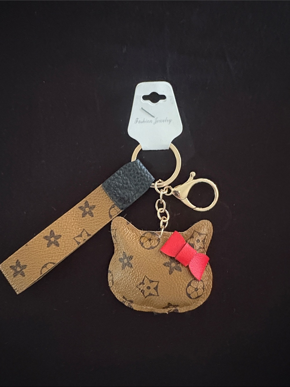 Fashion Jewelry Brown Tan Cat Face Keychain with Red Bow